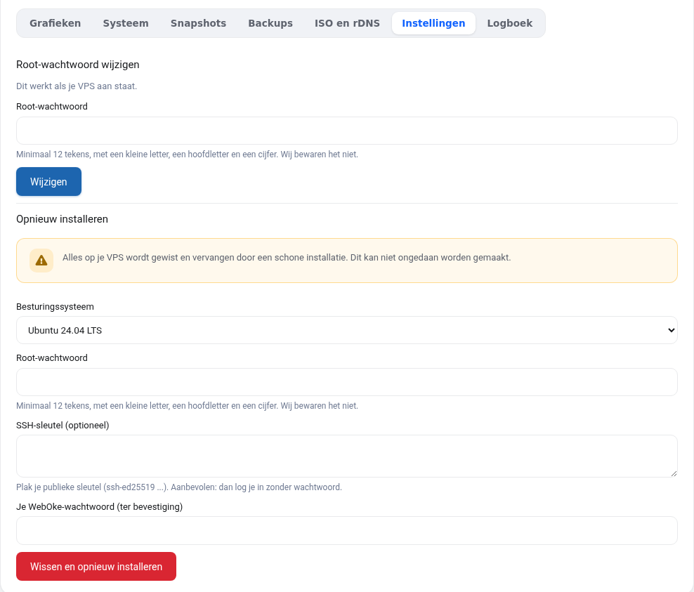 La pestaña Ajustes con cambiar la contraseña de root y reinstalar
